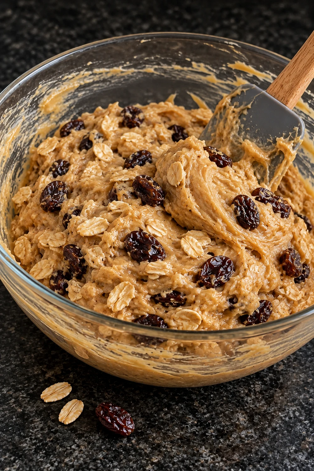 Thick, glossy oatmeal raisin cookie dough in a glass mixing bowl with a silicone spatula, rolled oats and raisins folded through, and a few oats and a raisin on the counter.