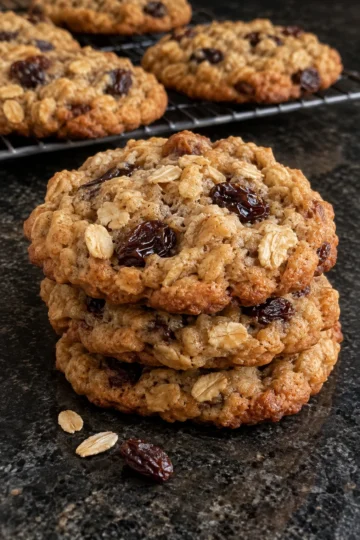A stack of three oatmeal raisin cookies on a black stone counter with more cookies on a wire rack behind, showing golden edges, whole rolled oats and plump dark raisins on the tops.