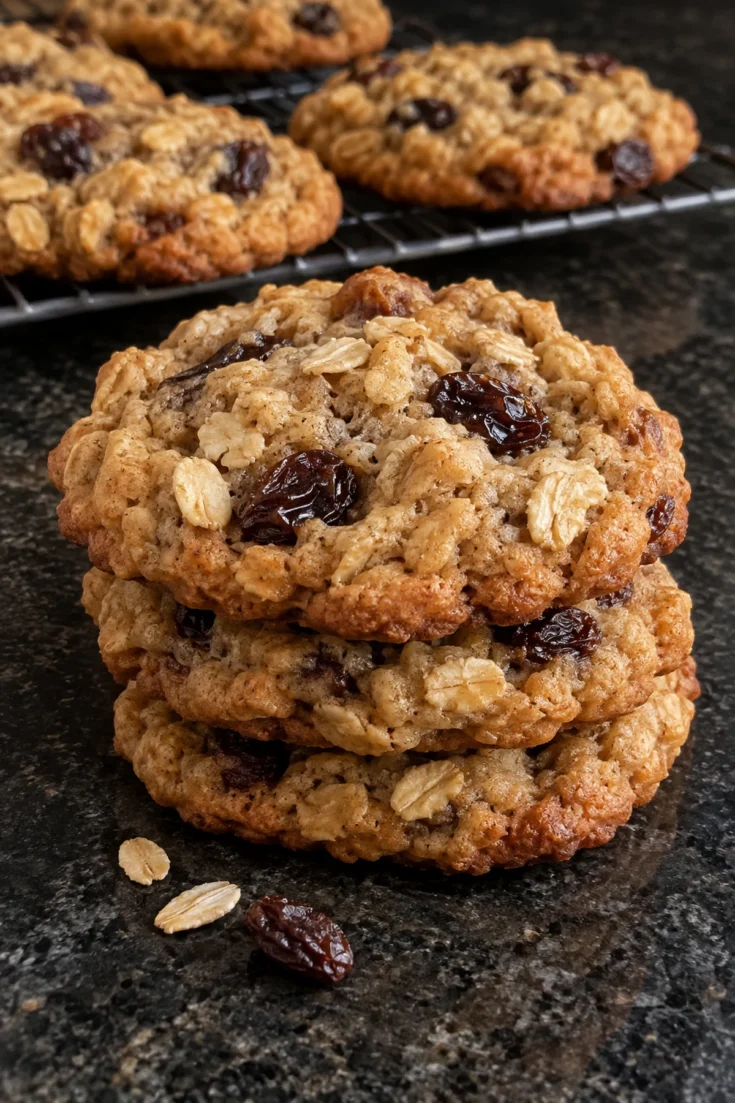 A stack of three oatmeal raisin cookies on a black stone counter with more cookies on a wire rack behind, showing golden edges, whole rolled oats and plump dark raisins on the tops.
