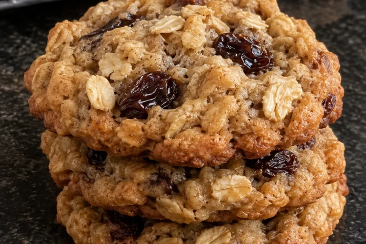 A stack of three oatmeal raisin cookies on a black stone counter with more cookies on a wire rack behind, showing golden edges, whole rolled oats and plump dark raisins on the tops.