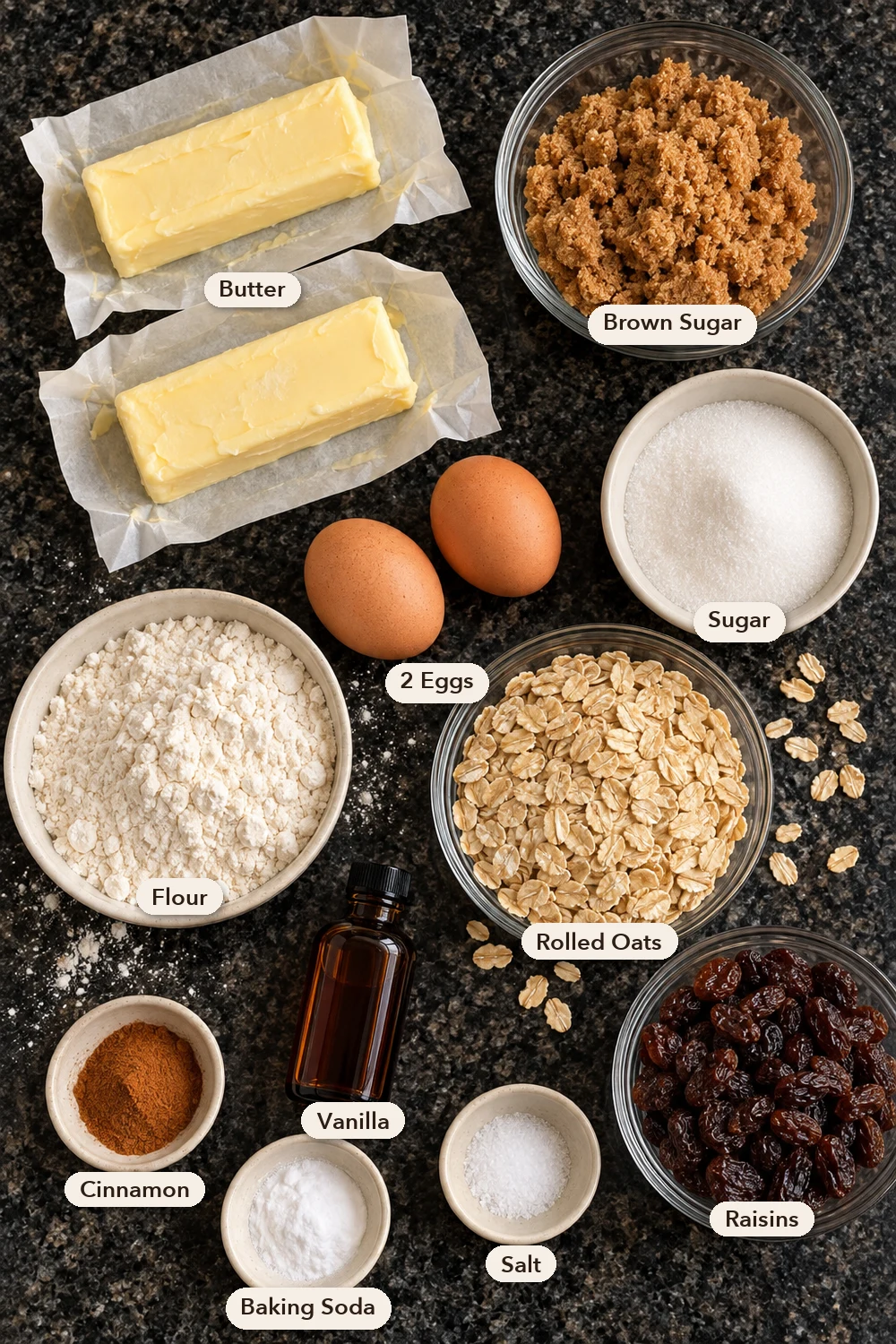 Labeled ingredients for oatmeal raisin cookies: two sticks of butter, brown sugar, sugar, two eggs, flour, rolled oats, raisins, vanilla, cinnamon, baking soda and salt on a black stone counter.