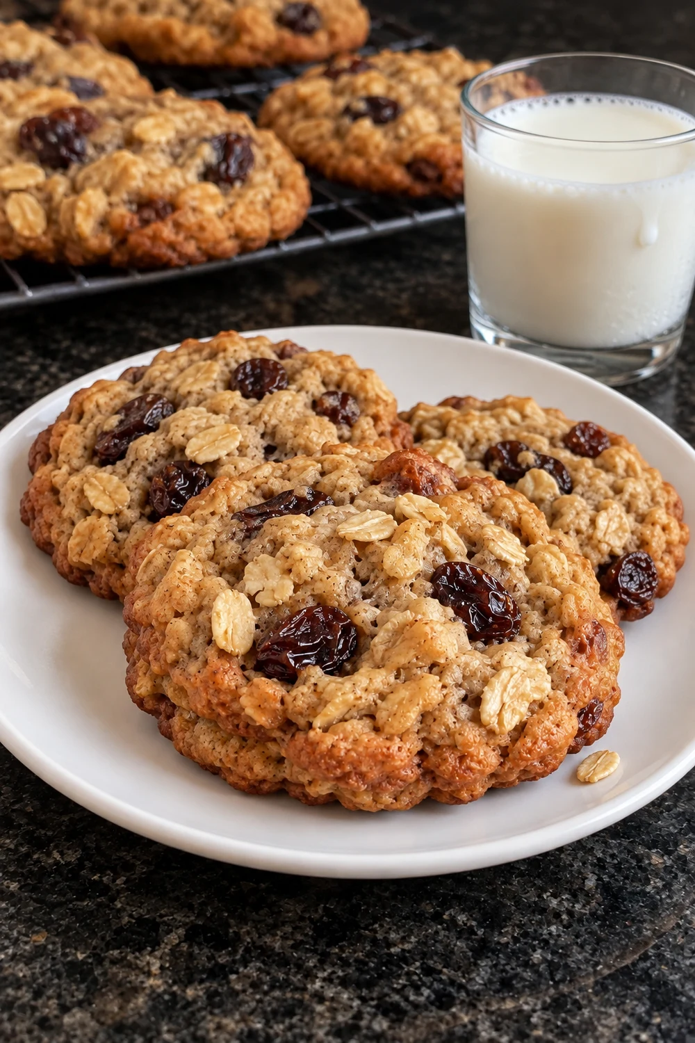 Three soft oatmeal raisin cookies on a white plate next to a glass of cold milk, with more cookies cooling on a wire rack behind them.