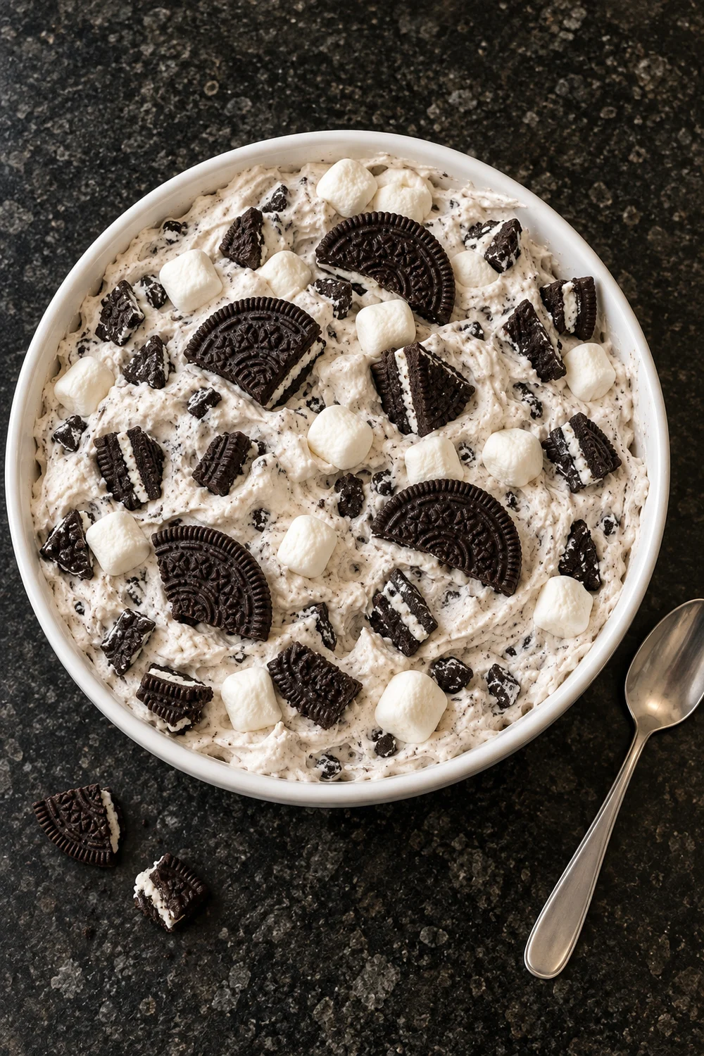 A full white bowl of Oreo fluff from above, with Oreo halves and quarters pressed into the swirled cream, mini marshmallows scattered on top and a spoon on the counter.