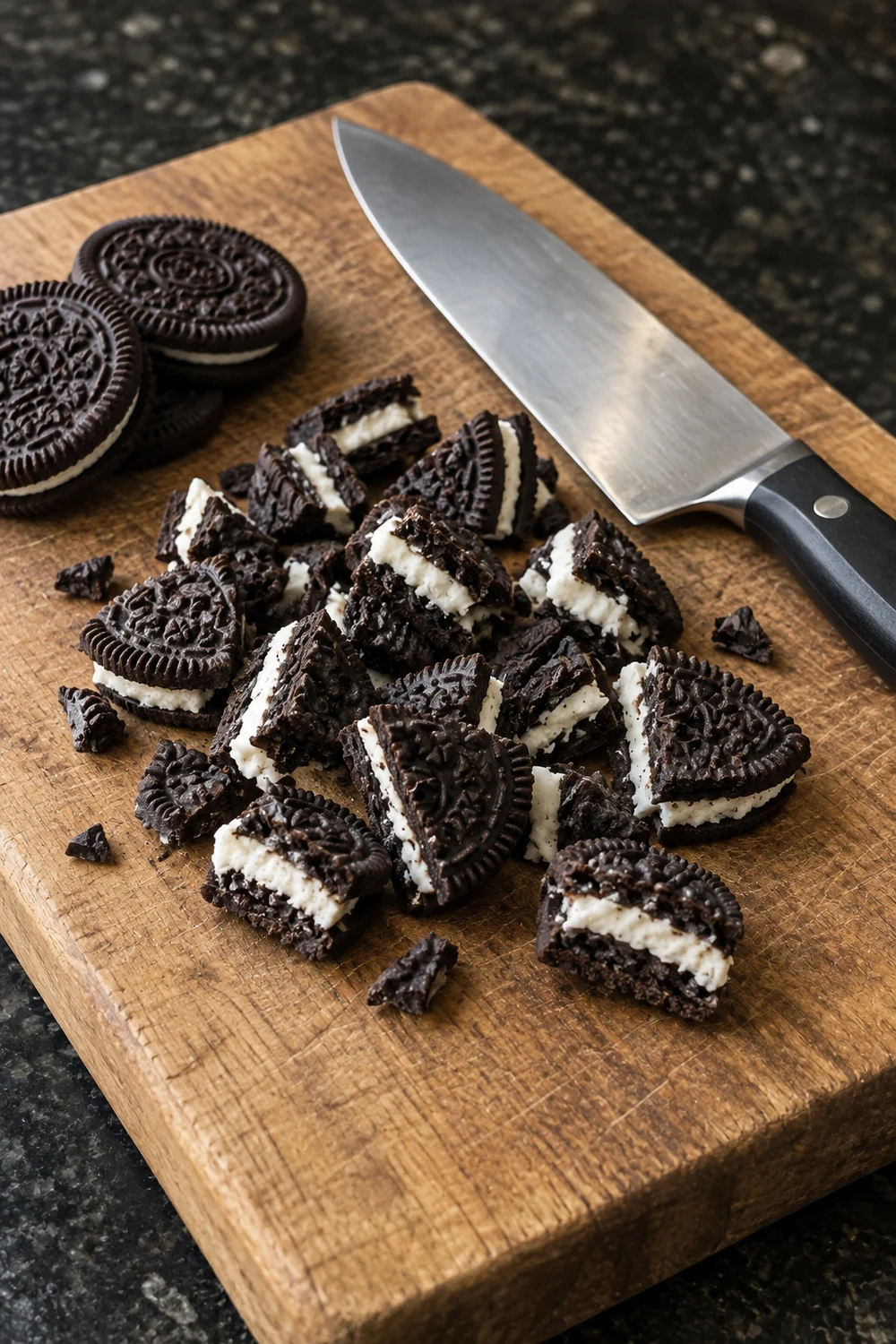 A wooden cutting board with Oreo cookies cut into chunky quarters showing the white creme filling, a few whole Oreos and a chef's knife beside them.