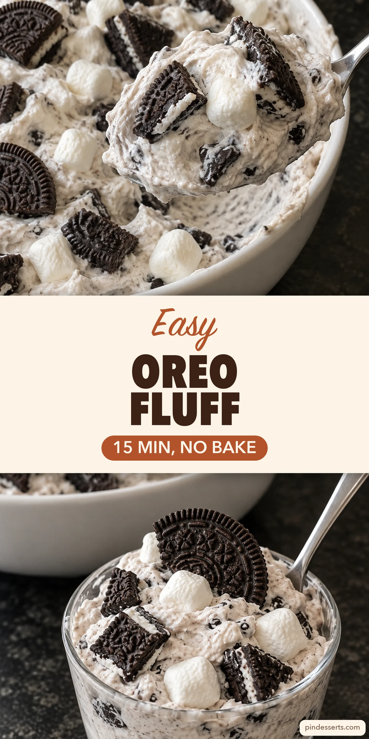 Oreo fluff collage: a spoonful lifted from a bowl of creamy Oreo and marshmallow fluff above a glass dessert cup topped with an Oreo half, titled "Easy Oreo Fluff, 15 Min, No Bake".
