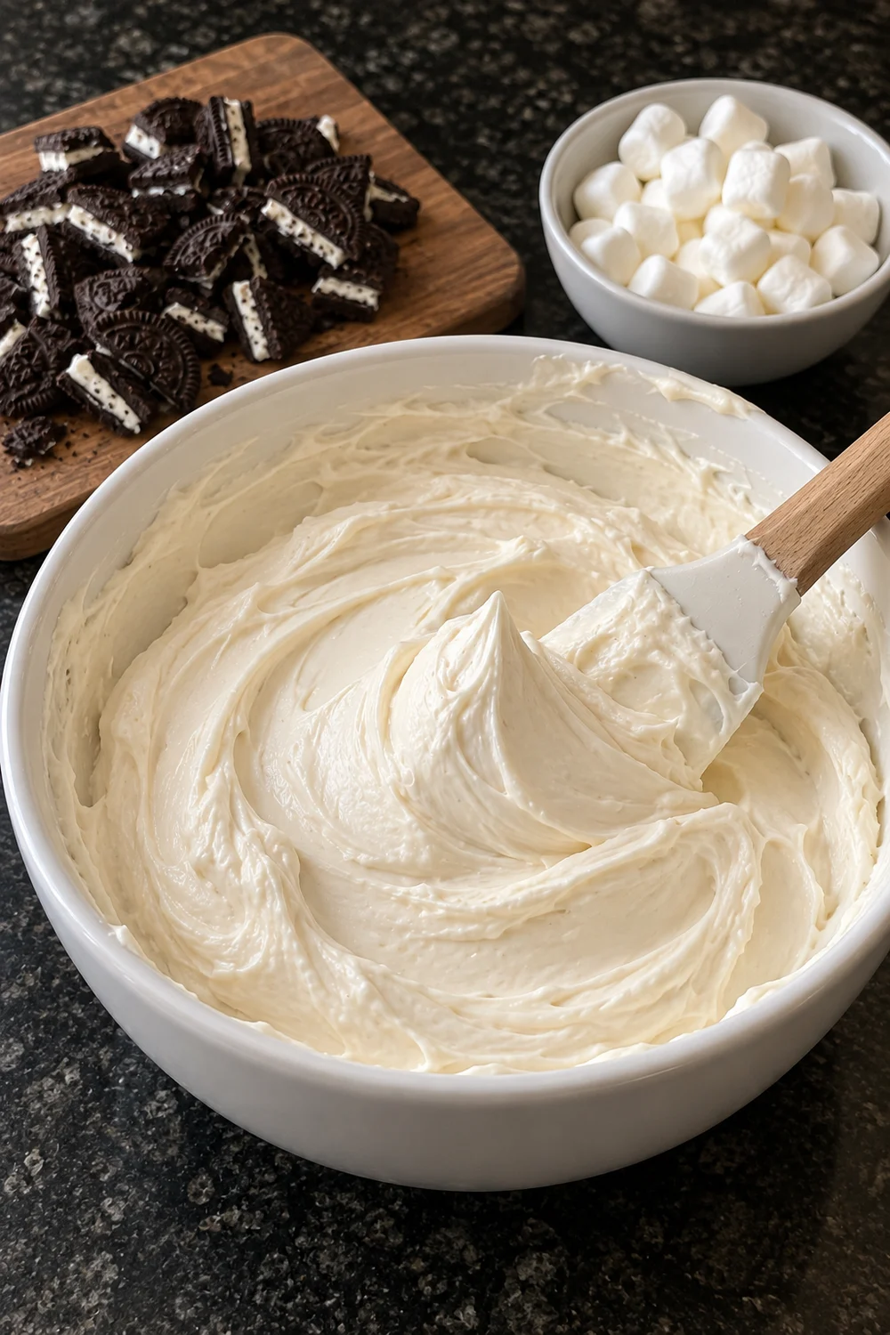 Thick, smooth ivory cream cheese and vanilla pudding base in a white bowl with a spatula lifting a peak, with chopped Oreos on a board and a bowl of marshmallows waiting beside it.