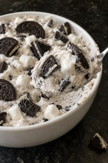A heaping spoonful of Oreo fluff lifted from a white bowl, showing creamy speckled vanilla cream with chunky Oreo quarters and soft mini marshmallows, with Oreo halves pressed into the top, on a black stone counter.