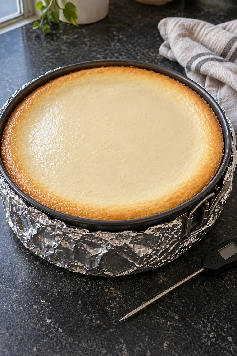 A plain baked cheesecake with a smooth, crack-free top and golden edges in a springform pan wrapped in foil from the water bath, with an instant-read thermometer beside it.