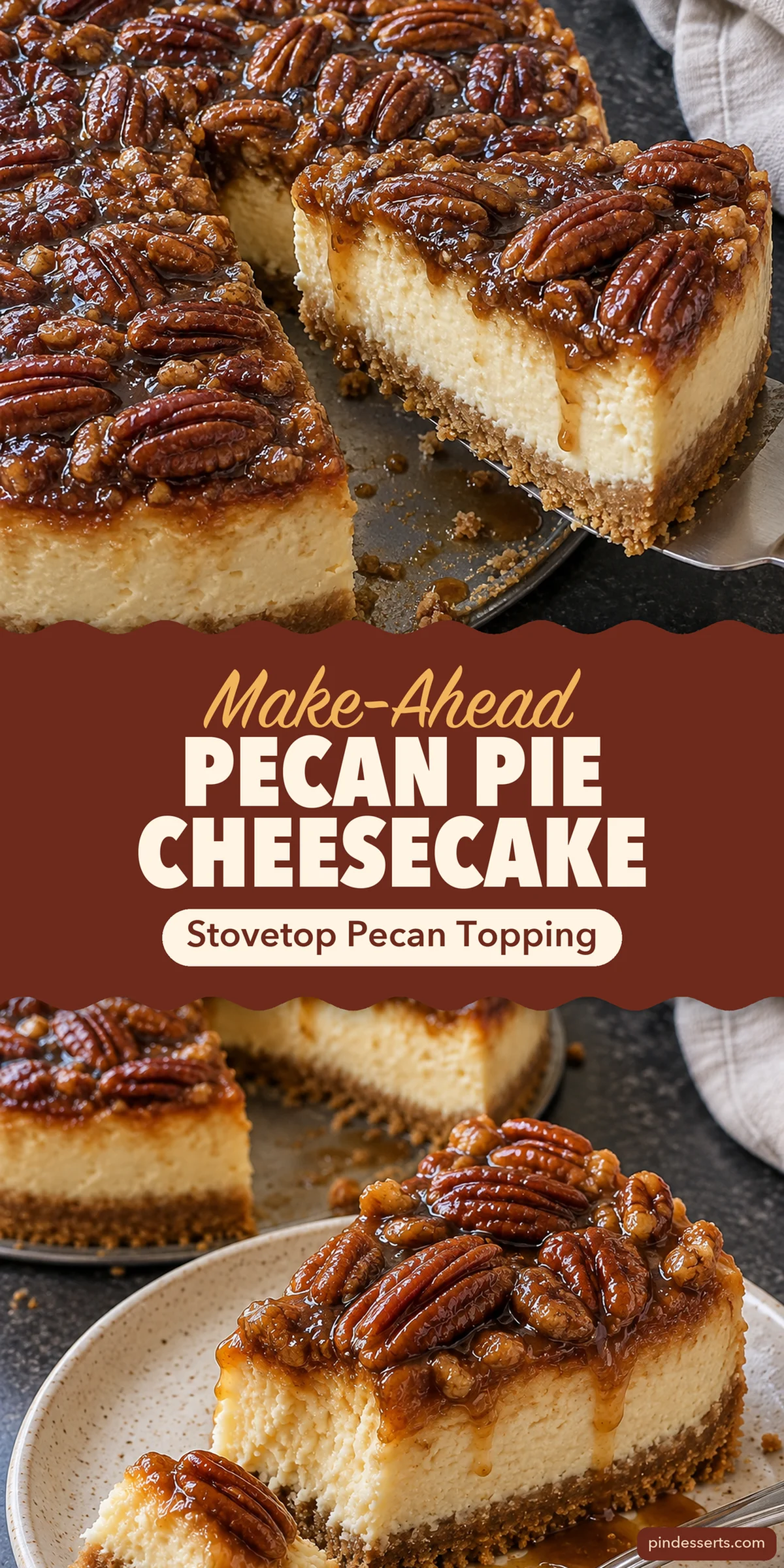 Pecan pie cheesecake collage: a slice lifted from the cheesecake above a plated slice with a fork bite, titled "Make-Ahead Pecan Pie Cheesecake, Stovetop Pecan Topping".