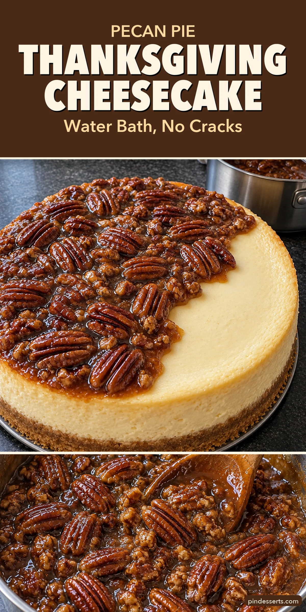 Thanksgiving cheesecake collage with a brown title block reading "Pecan Pie, Thanksgiving Cheesecake, Water Bath, No Cracks" over a cheesecake half covered in pecan topping and a saucepan of caramel pecans.