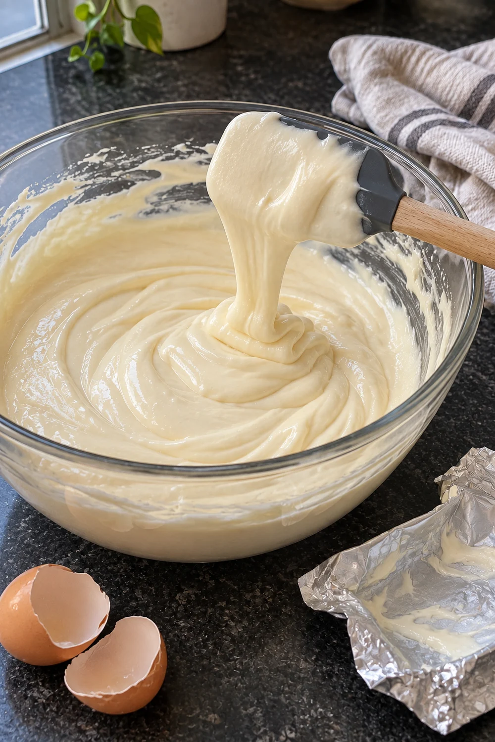 Thick, smooth cheesecake batter falling from a spatula in a heavy ribbon into a glass mixing bowl, with cracked eggshells and an empty cream cheese wrapper beside it.