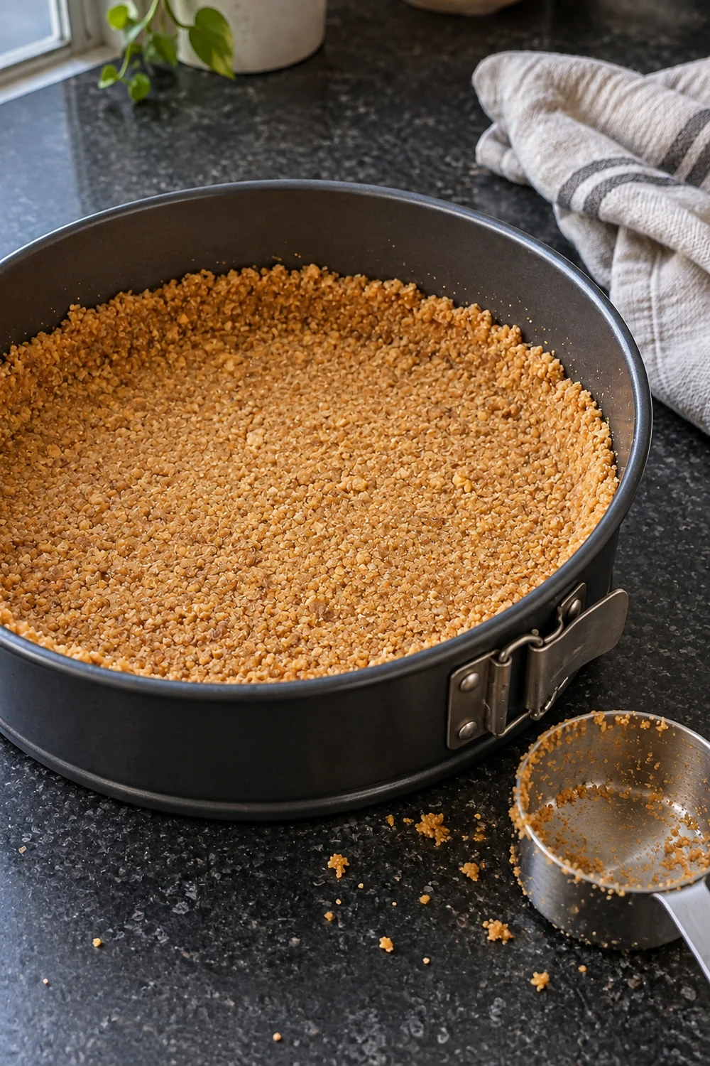 A graham cracker crust pressed firmly into the bottom of a 9-inch springform pan, with a crumb-coated measuring cup used for pressing beside the pan.