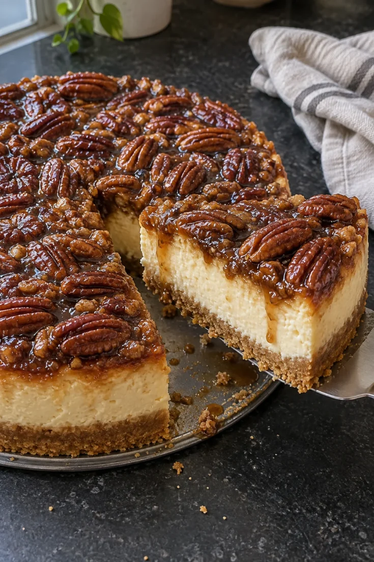 A slice of pecan pie cheesecake lifted from the whole cake on a metal server, showing a graham cracker crust, a tall creamy cheesecake layer and glossy caramel pecans on top, on a black stone counter.