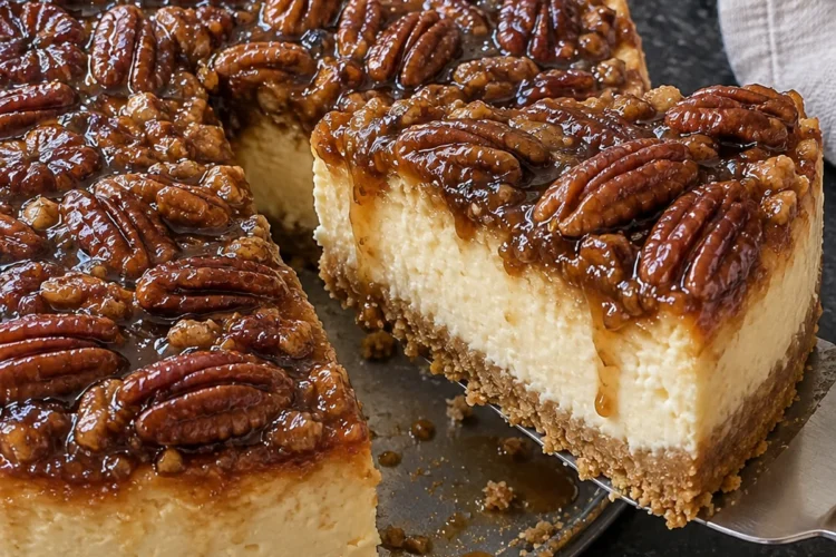 A slice of pecan pie cheesecake lifted from the whole cake on a metal server, showing a graham cracker crust, a tall creamy cheesecake layer and glossy caramel pecans on top, on a black stone counter.