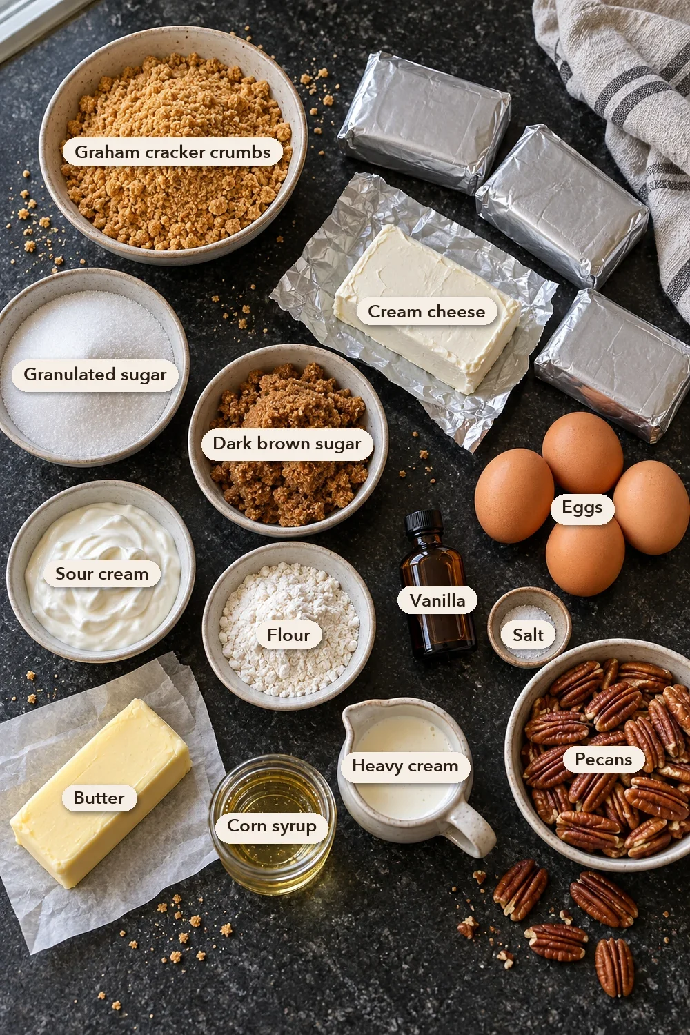 Labeled ingredients for pecan pie cheesecake: graham cracker crumbs, cream cheese, granulated sugar, dark brown sugar, eggs, sour cream, flour, vanilla, salt, butter, corn syrup, heavy cream and pecans.