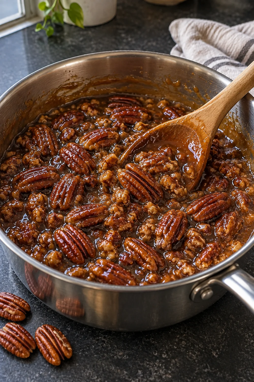 Glossy pecan pie topping in a stainless saucepan, whole and chopped pecans coated in dark brown sugar caramel, with a wooden spoon resting in the pan.