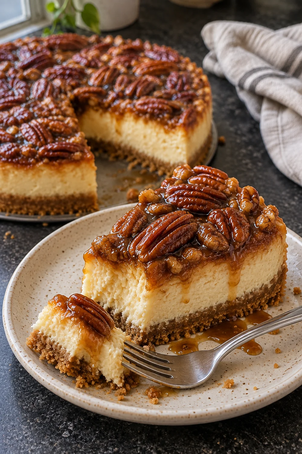 A slice of pecan pie cheesecake on a speckled plate with a fork holding a bite of crust, cheesecake and pecan, caramel pooled on the plate and the cheesecake behind.