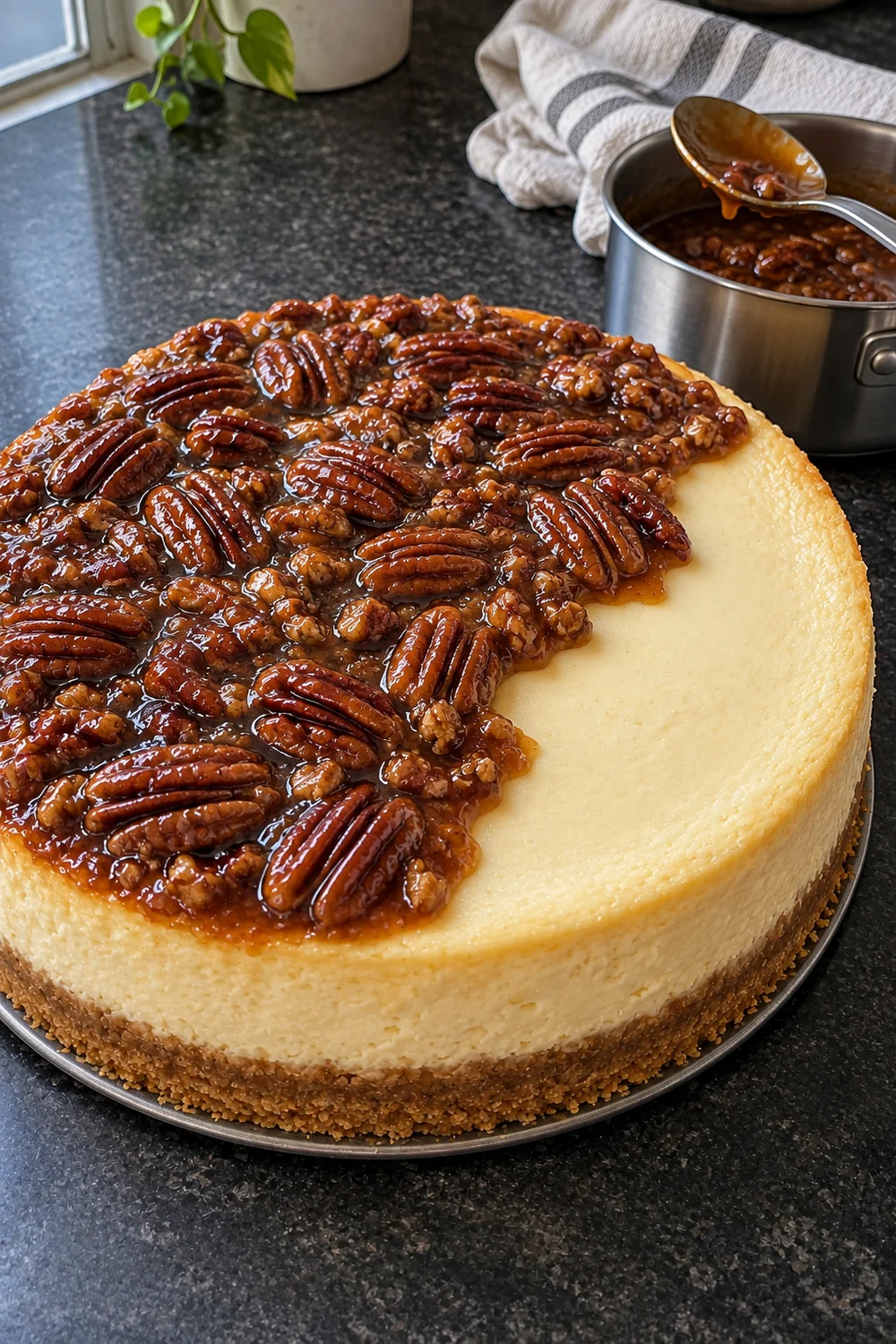 Pecan pie topping spooned over two-thirds of a chilled cheesecake on its springform base, the rest of the creamy top still bare, with the saucepan of topping behind.
