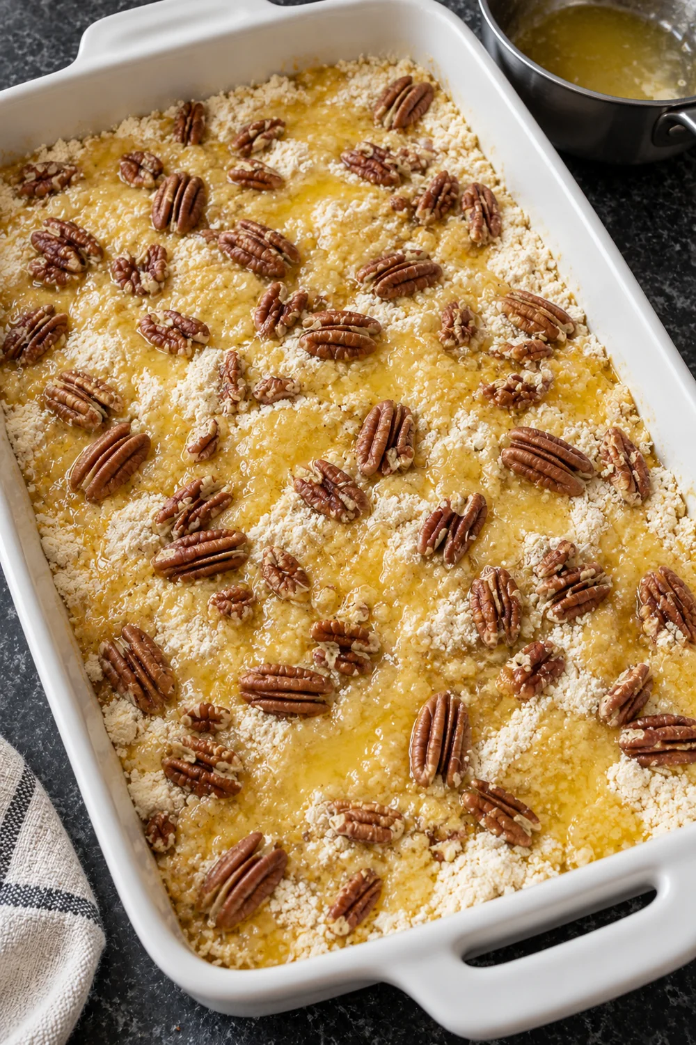 Unbaked pecan pie dump cake drizzled with melted butter and topped with raw pecan halves, a few dry cake mix spots still showing.