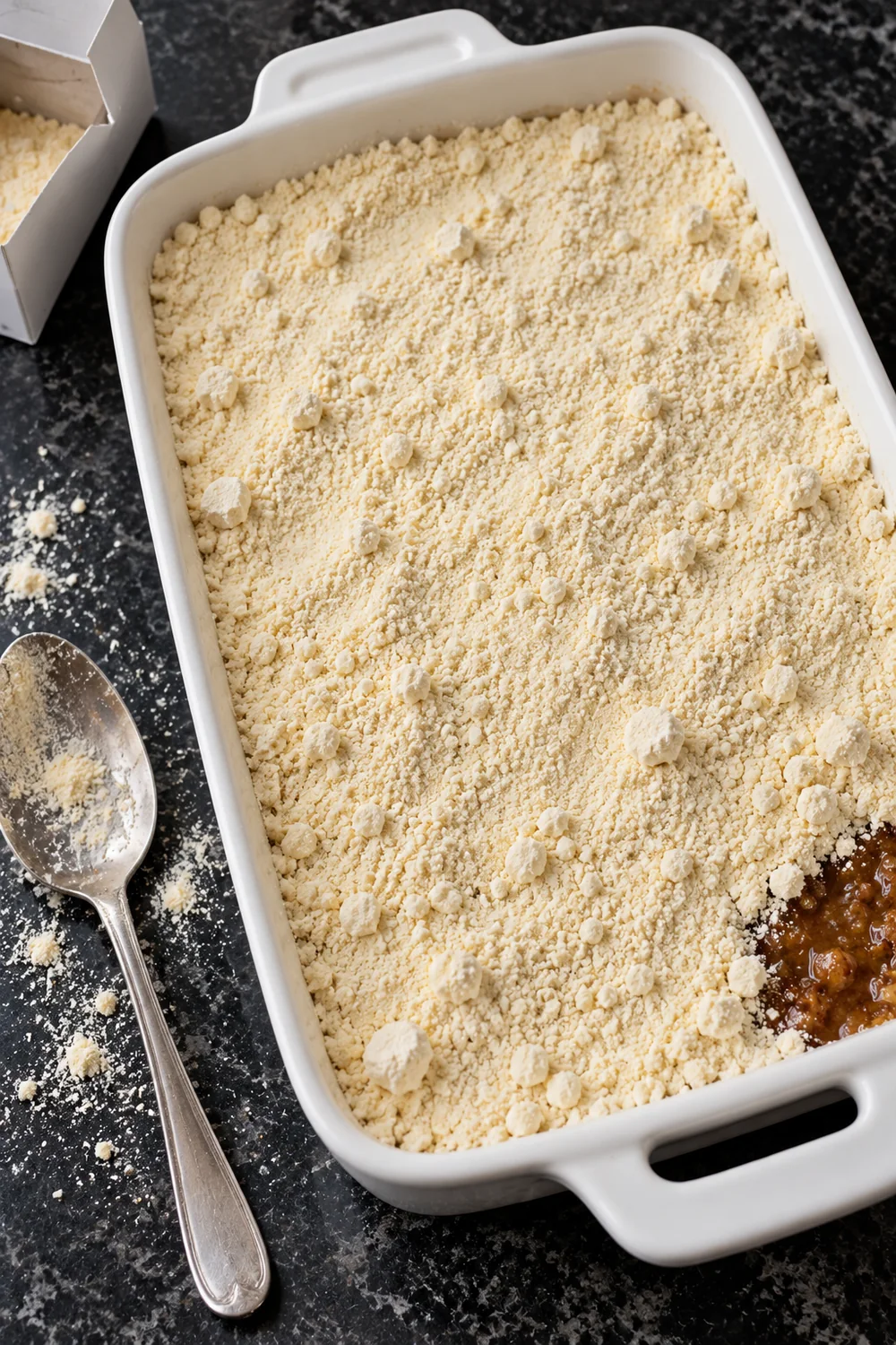 Dry yellow cake mix spread evenly over the pecan pie filling in a 9x13 dish, a little amber filling showing in one corner.
