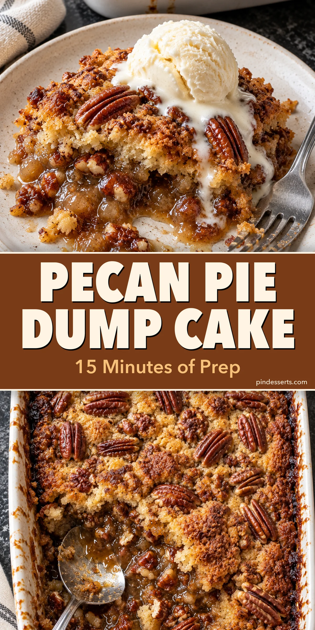 Pecan pie dump cake collage: a warm scoop with melting ice cream above the 9x13 dish with a scoop missing, titled "Pecan Pie Dump Cake, 15 Minutes of Prep".