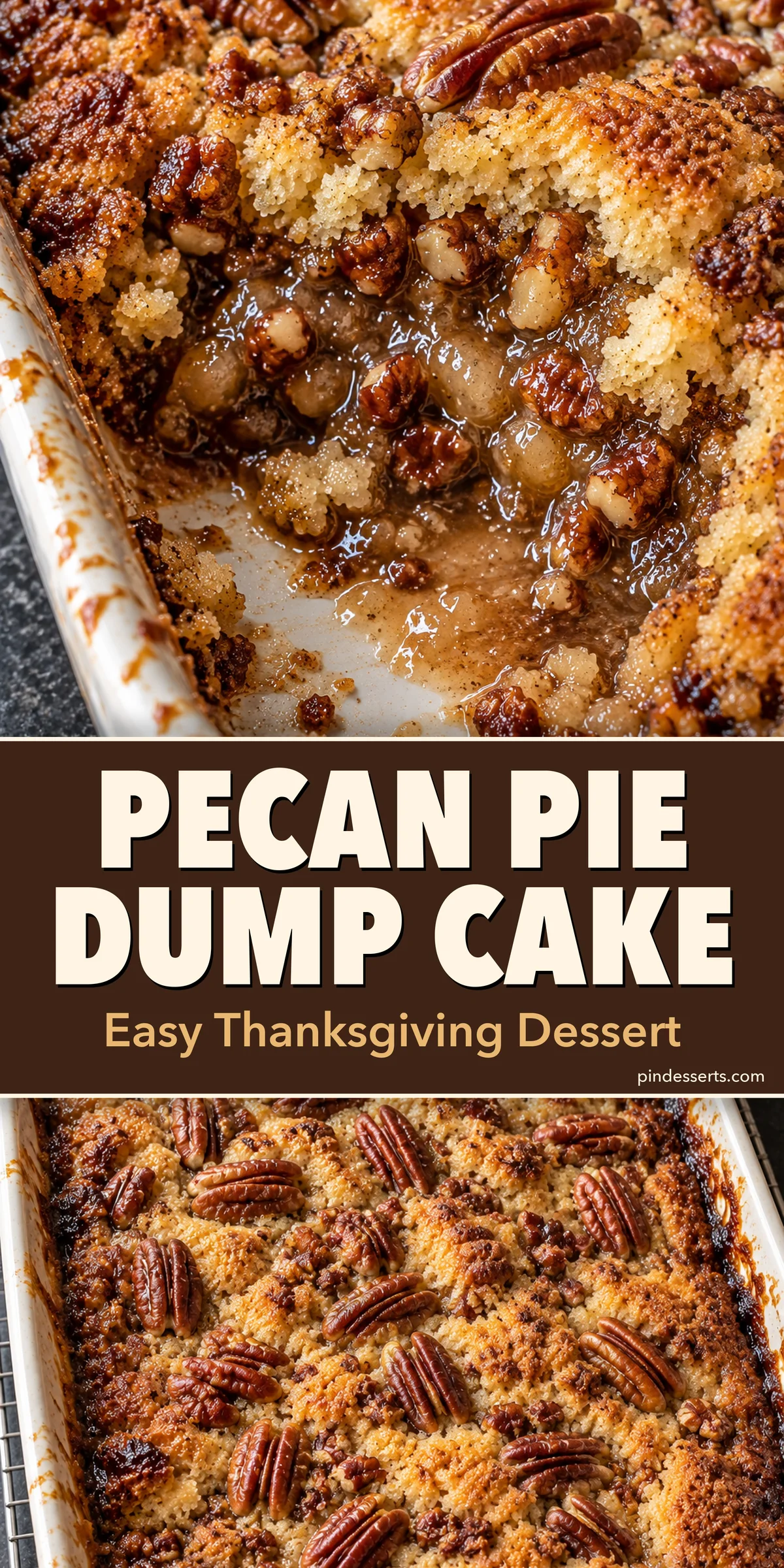 Pecan pie dump cake collage: gooey pecan filling under a golden crust above the whole baked dish, titled "Pecan Pie Dump Cake, Easy Thanksgiving Dessert".