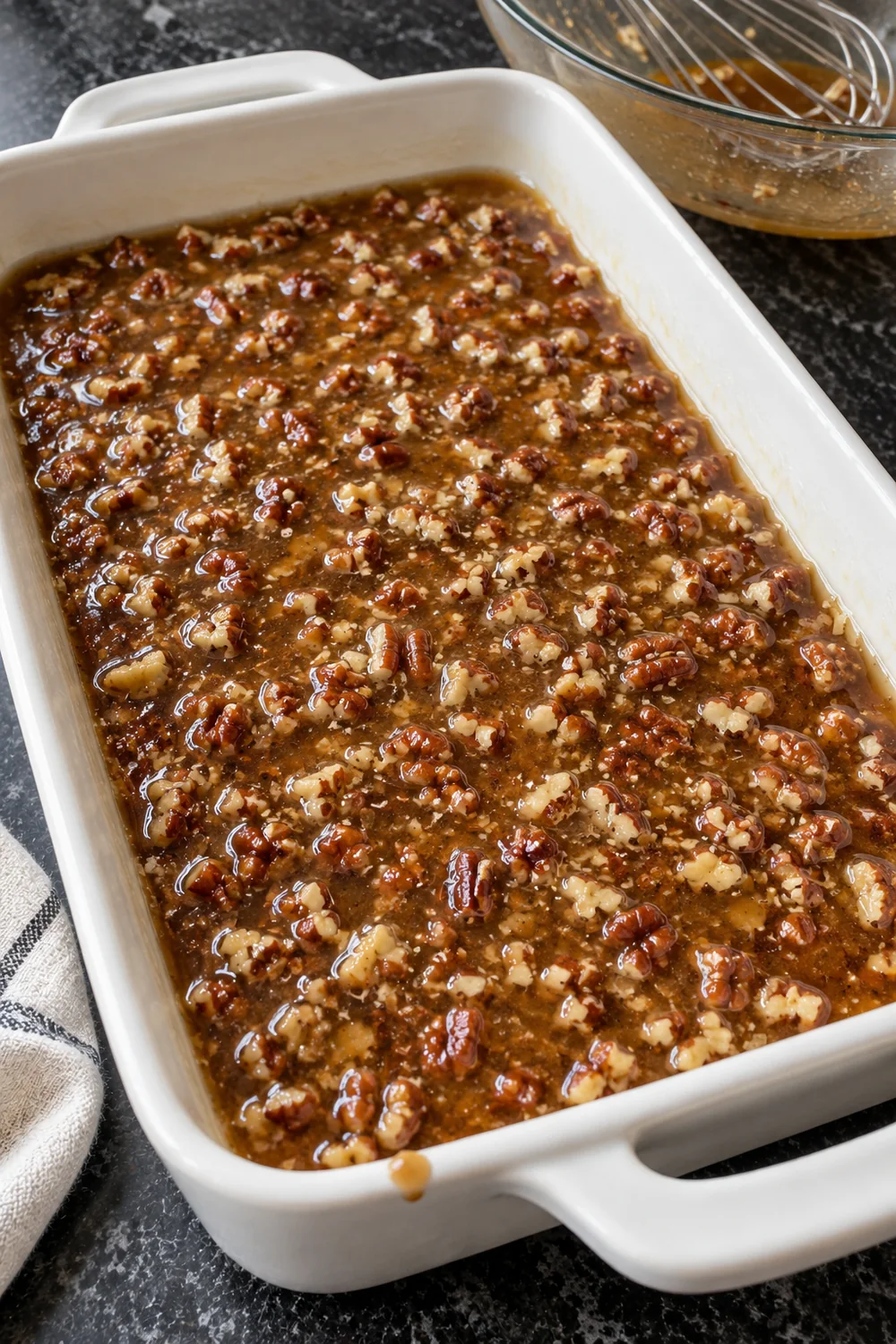 Glossy pecan pie filling with chopped pecans poured into a greased white 9x13 baking dish, the mixing bowl and whisk beside it.