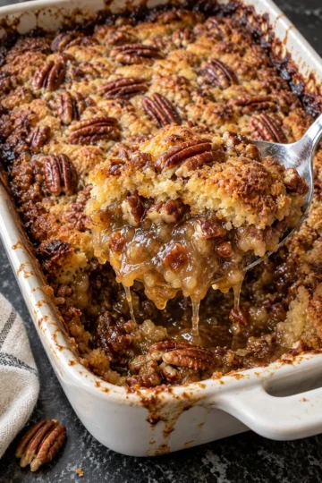 A spoon lifts a scoop of pecan pie dump cake from a white 9x13 dish, gooey pecan filling dripping under a golden cake mix crust with toasted pecans.