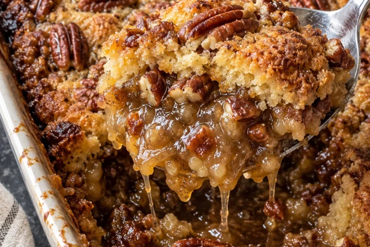 A spoon lifts a scoop of pecan pie dump cake from a white 9x13 dish, gooey pecan filling dripping under a golden cake mix crust with toasted pecans.