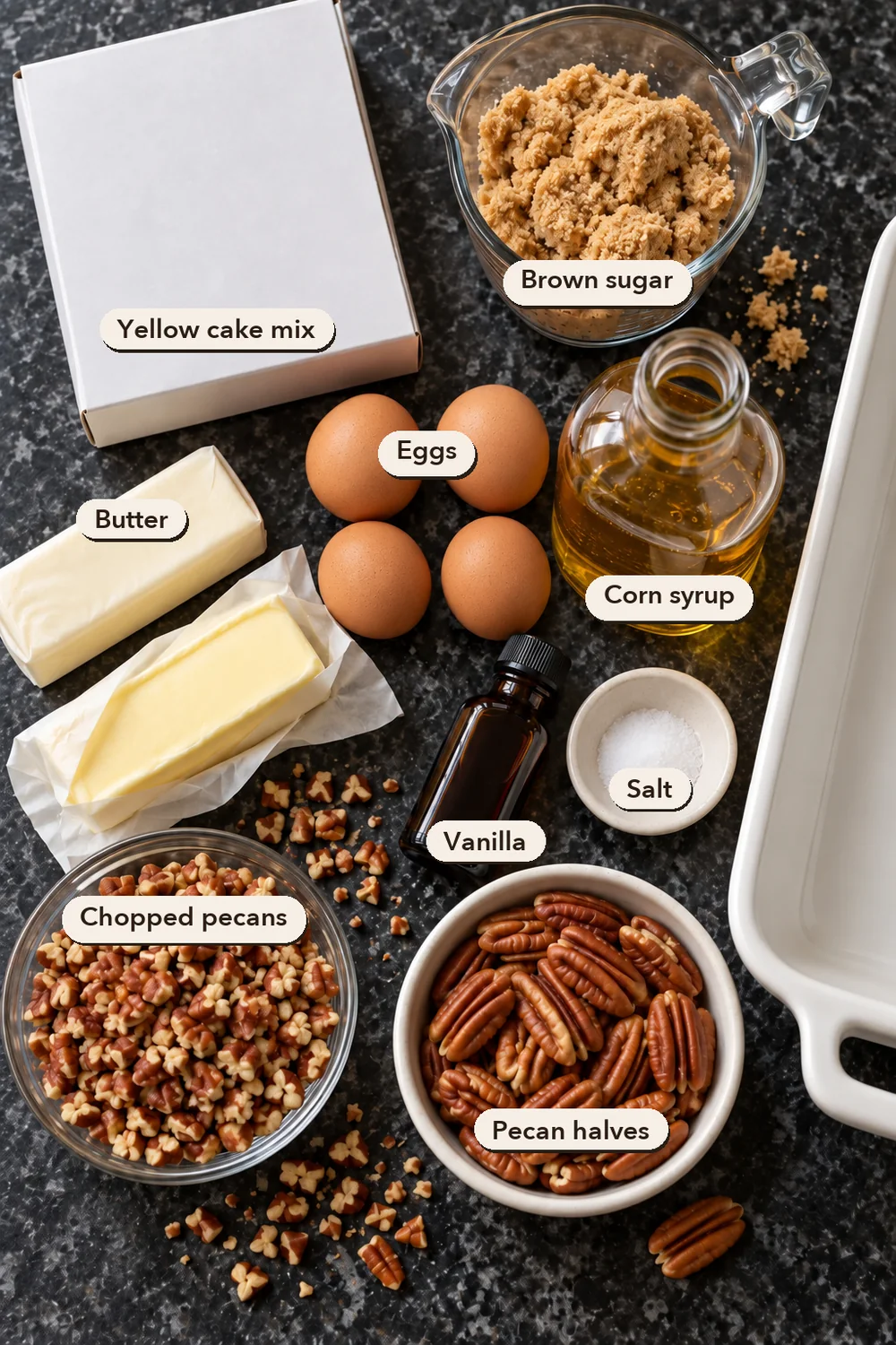 Labeled ingredients for pecan pie dump cake on a black counter: yellow cake mix, brown sugar, 4 eggs, corn syrup, butter, vanilla, salt and pecans.