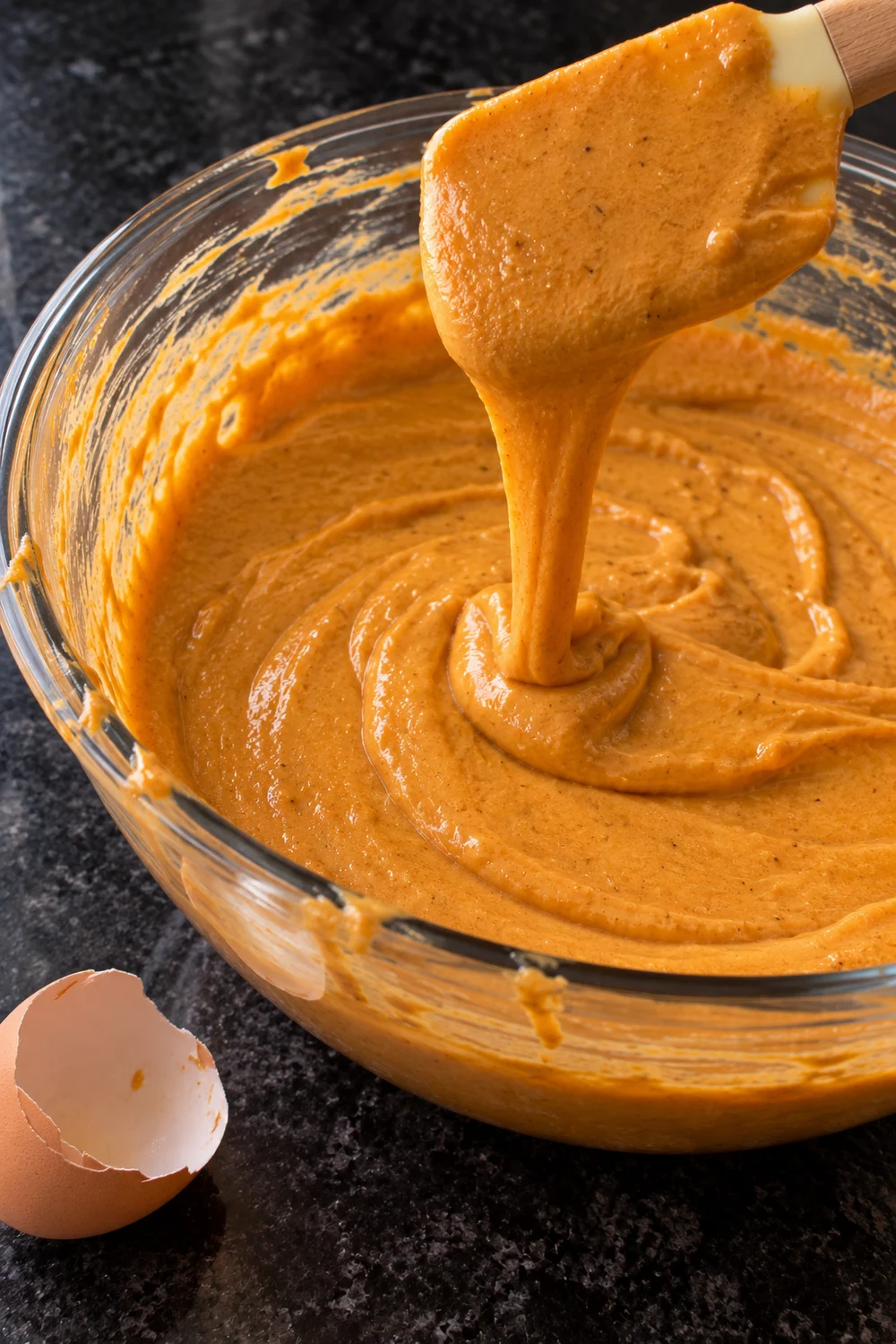 Smooth, thick pumpkin cheesecake filling falling from a spatula in a ribbon into a glass mixing bowl, with a cracked eggshell beside the bowl.