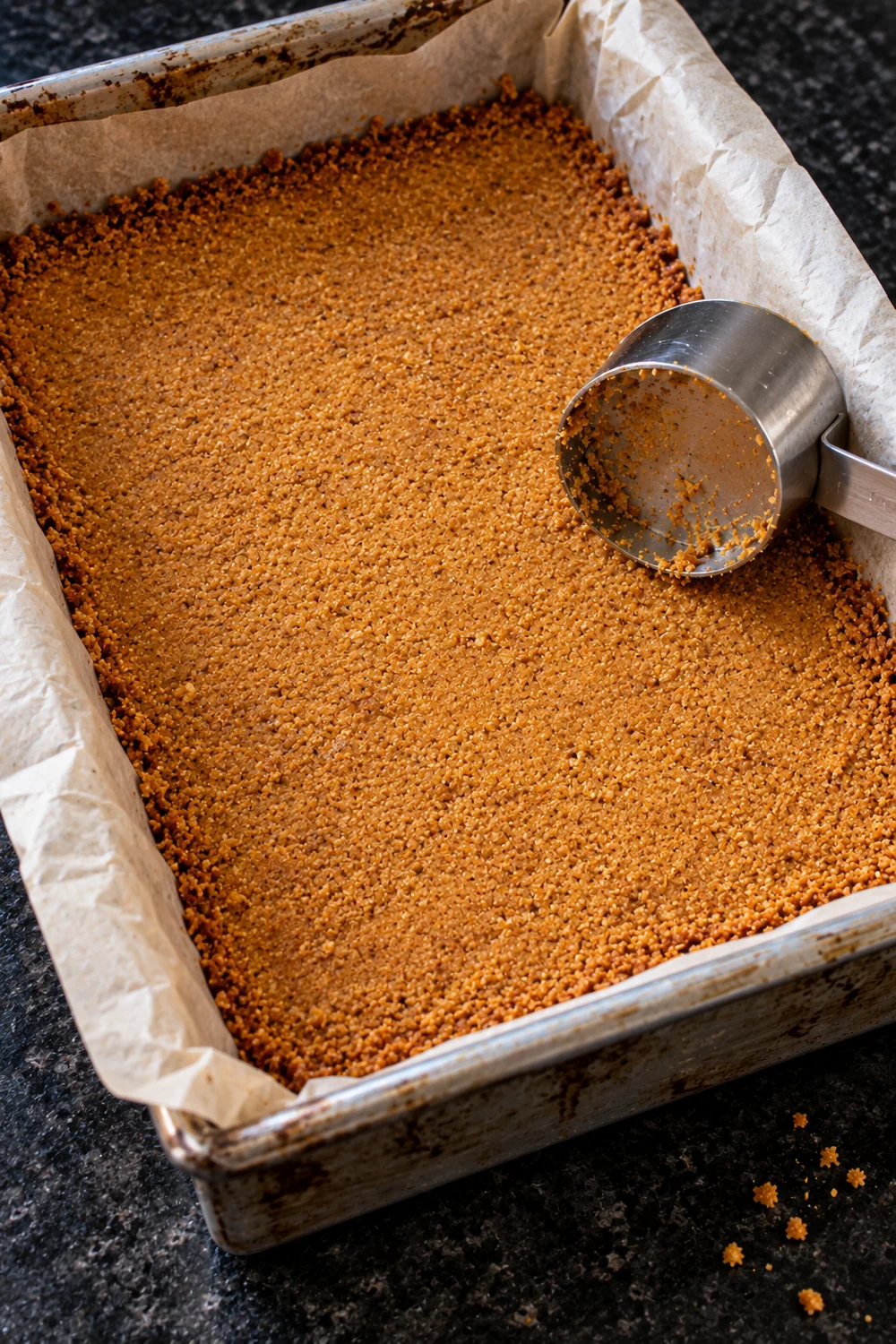 A graham cracker crust pressed firmly and evenly into a parchment-lined 9x13 metal pan, with a measuring cup used for pressing resting in the corner.