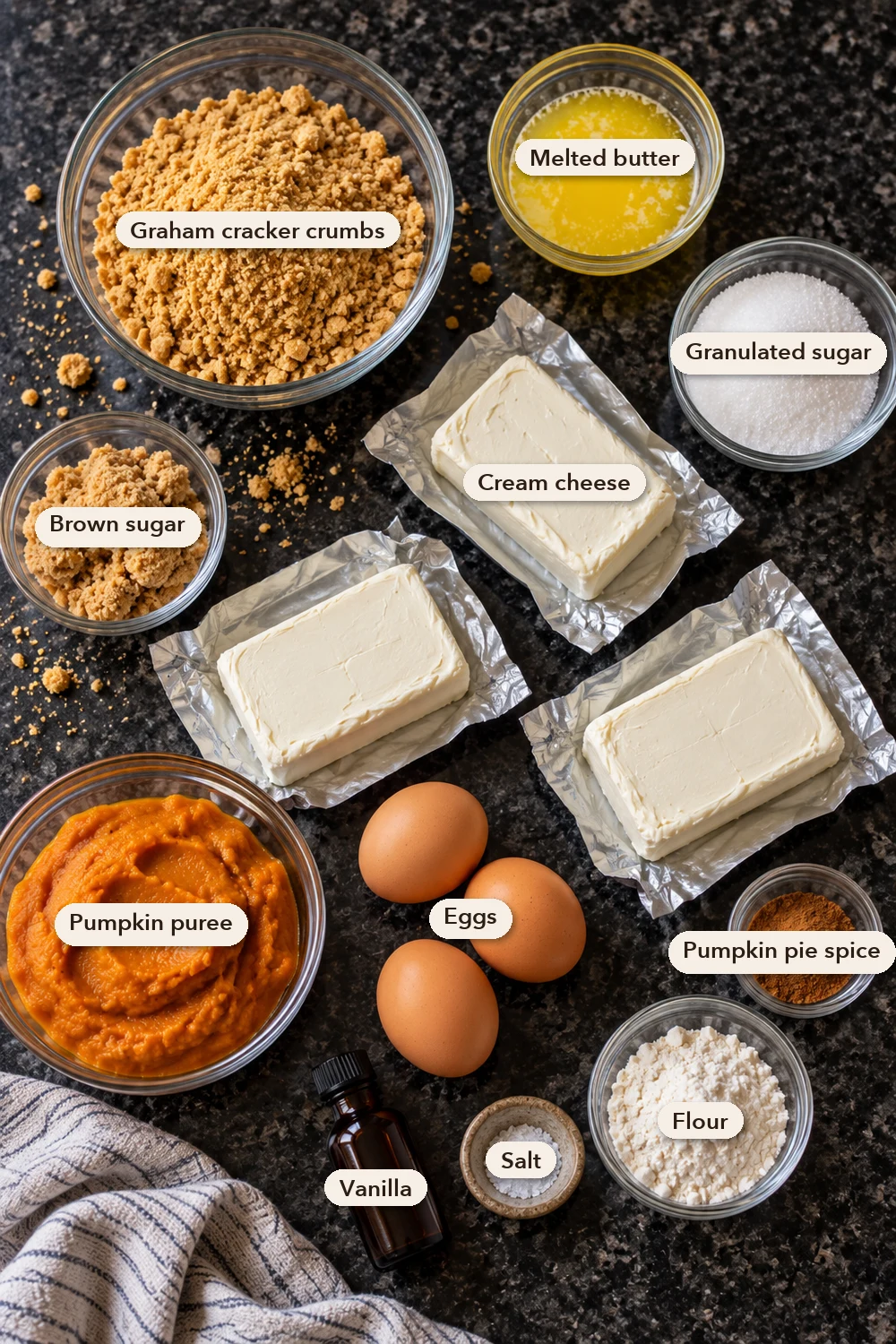 Labeled ingredients for pumpkin cheesecake bars: graham cracker crumbs, melted butter, granulated sugar, brown sugar, 3 blocks of cream cheese, pumpkin puree, eggs, pumpkin pie spice, flour, salt and vanilla.