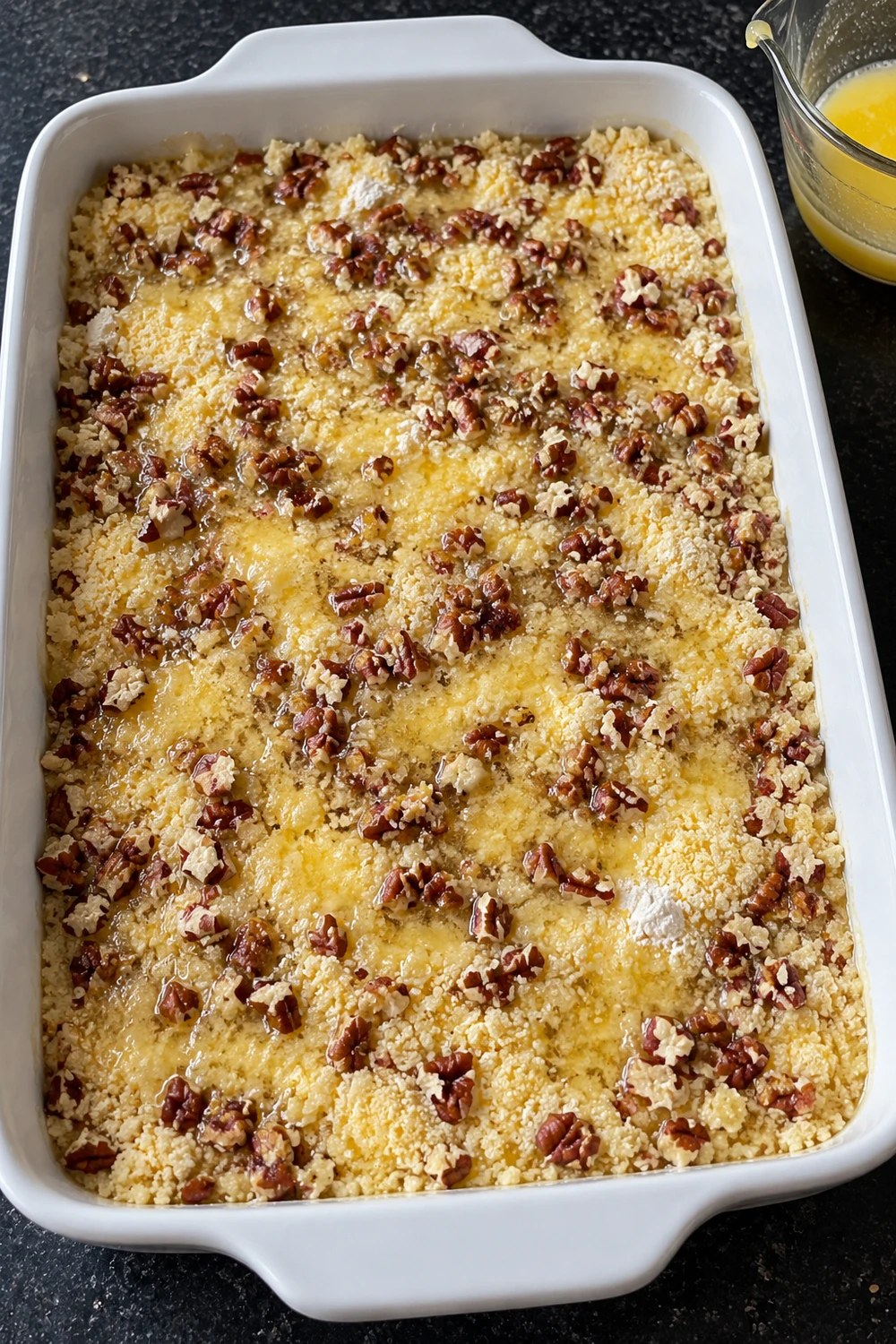 Unbaked pumpkin dump cake: cake mix topped with chopped pecans and drizzled with melted butter, a few small dry spots still showing before baking.