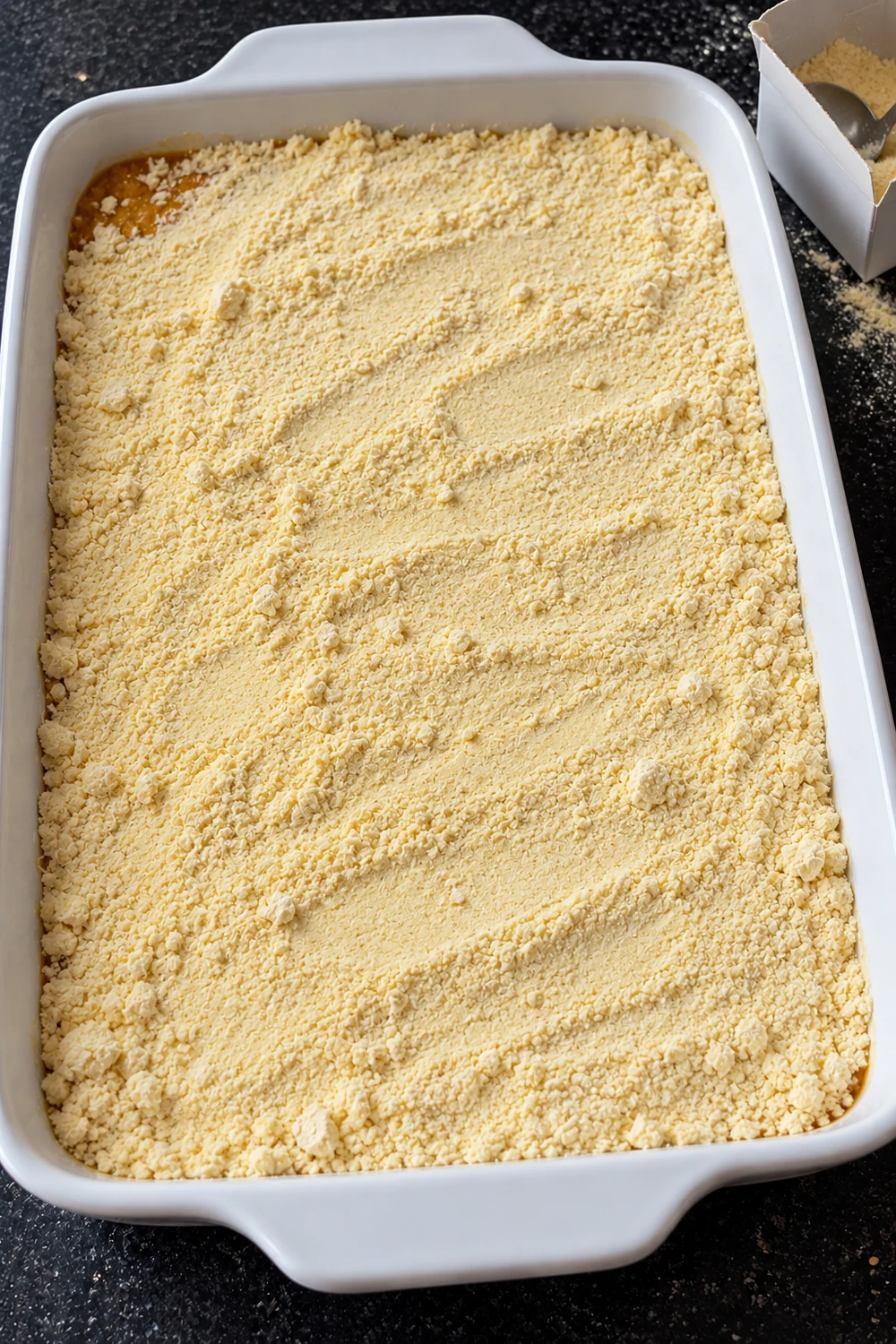 Dry yellow cake mix spread evenly over the pumpkin custard in a 9x13 dish, faint spoon marks on top and orange custard showing at one corner.