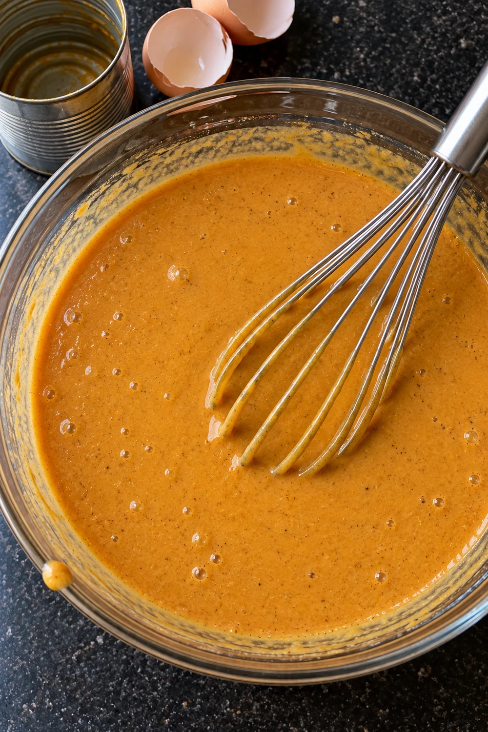 Smooth, spice-flecked pumpkin custard whisked in a glass bowl for pumpkin dump cake, an empty pumpkin can and eggshells beside it.