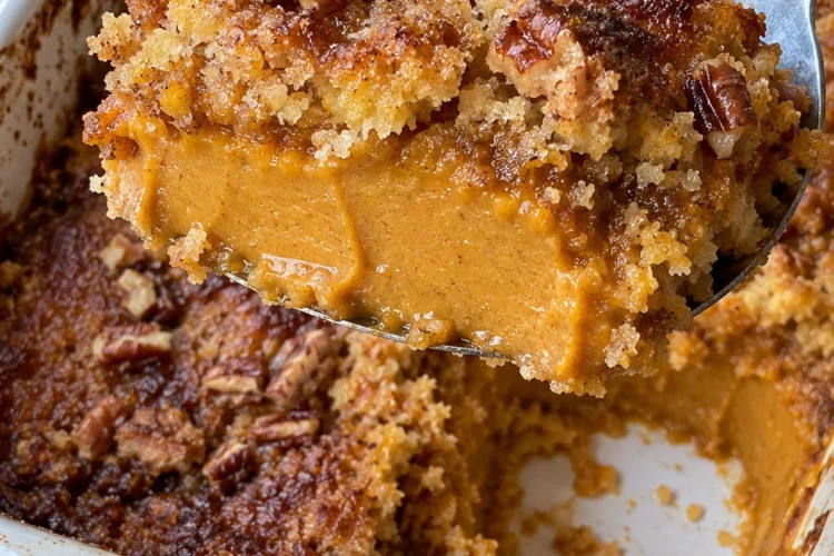 A spoon lifts a scoop of pumpkin dump cake from a white 9x13 dish, showing a thick, creamy pumpkin pie layer under a golden cake mix crust with pecans.