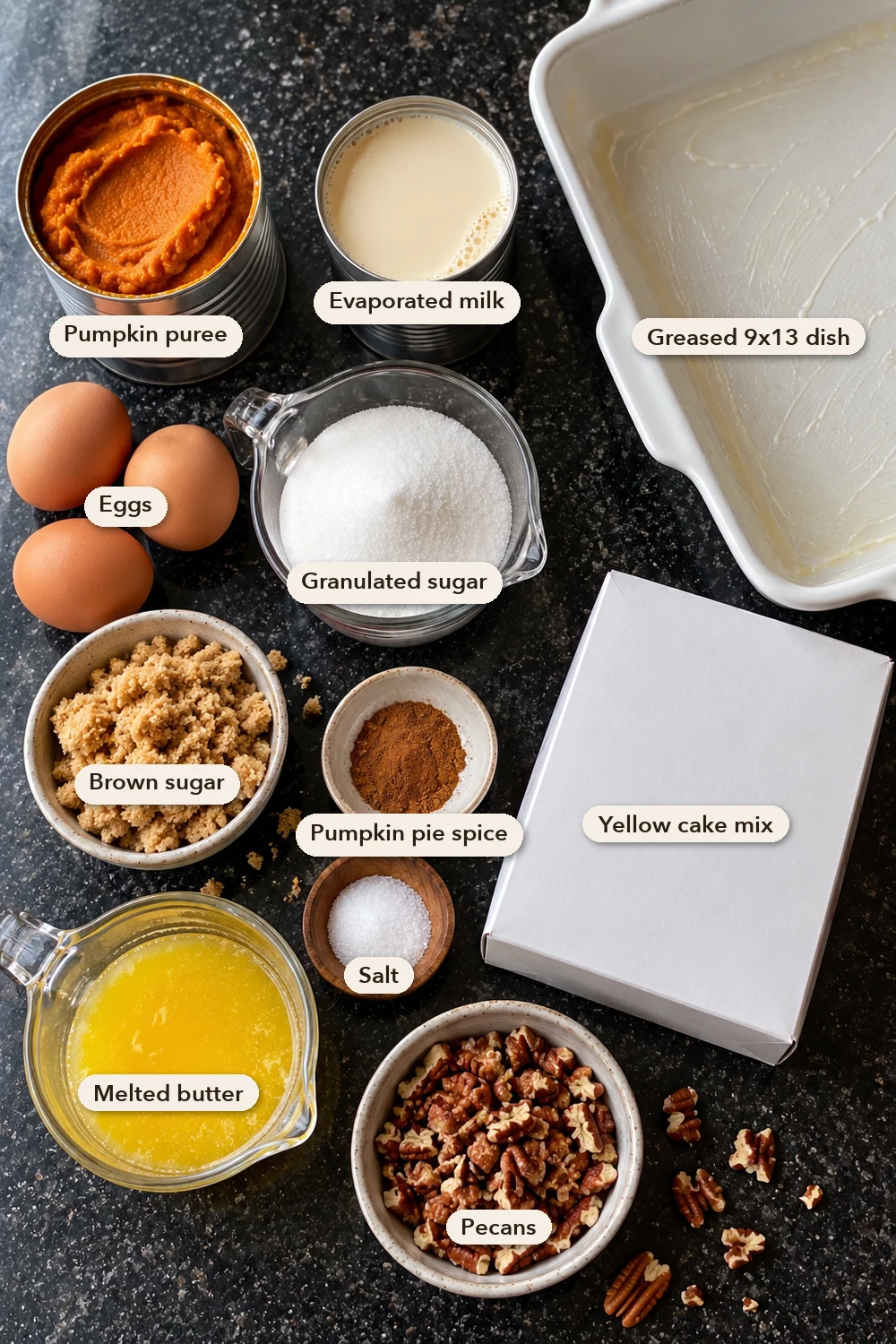Labeled ingredients for pumpkin dump cake: pumpkin puree, evaporated milk, 3 eggs, two sugars, pumpkin pie spice, salt, cake mix, butter and pecans.