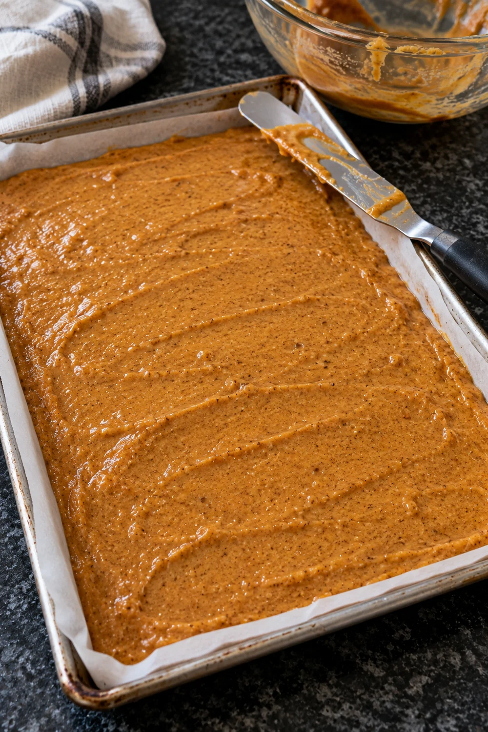 Orange pumpkin roll batter spread in an even thin layer in a parchment-lined jelly roll pan, with an offset spatula resting on the rim and the mixing bowl behind.