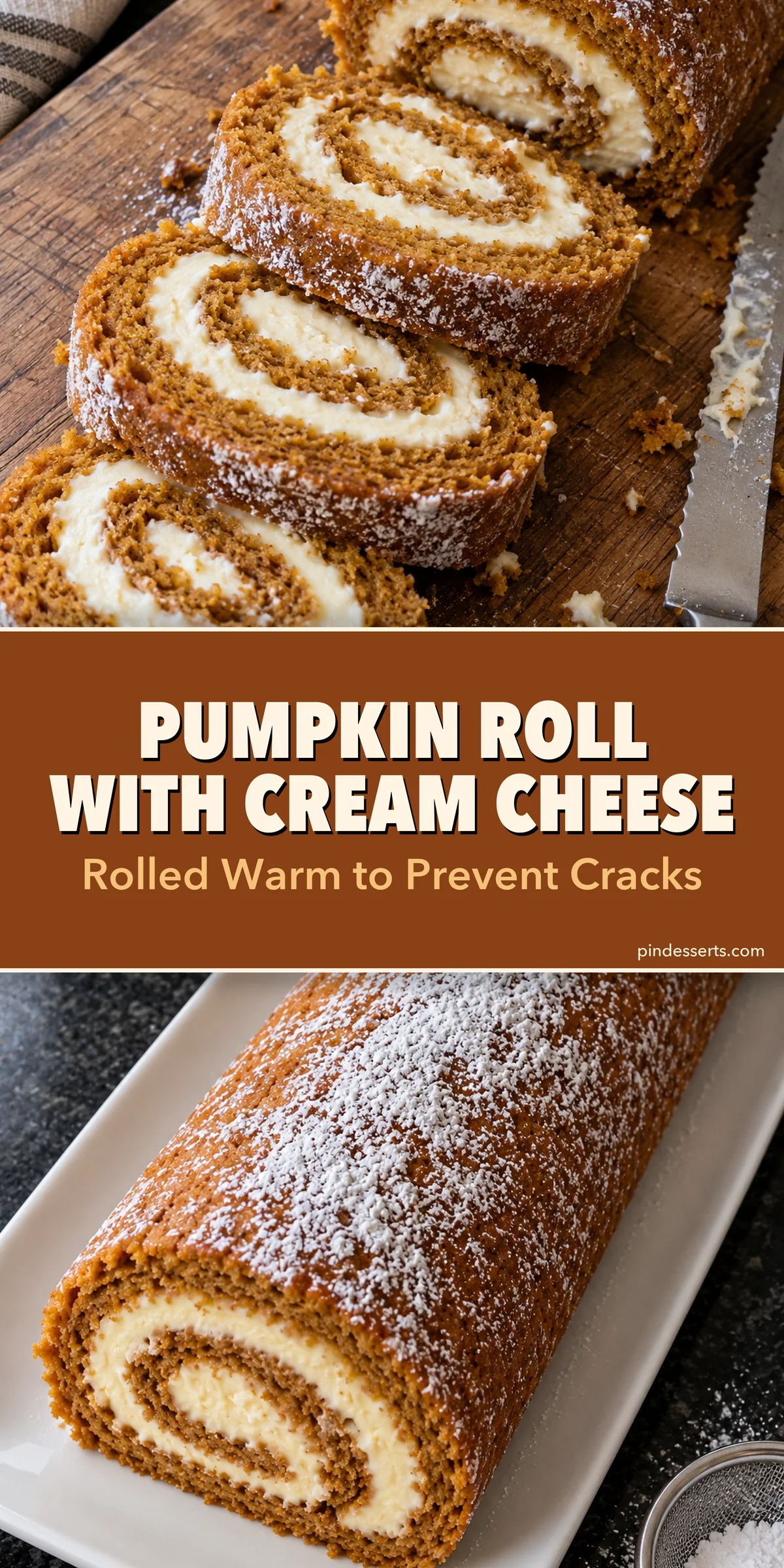 Pumpkin roll collage: sliced pumpkin roll showing the cream cheese spiral above a whole roll dusted with powdered sugar, titled "Pumpkin Roll with Cream Cheese, Rolled Warm to Prevent Cracks".