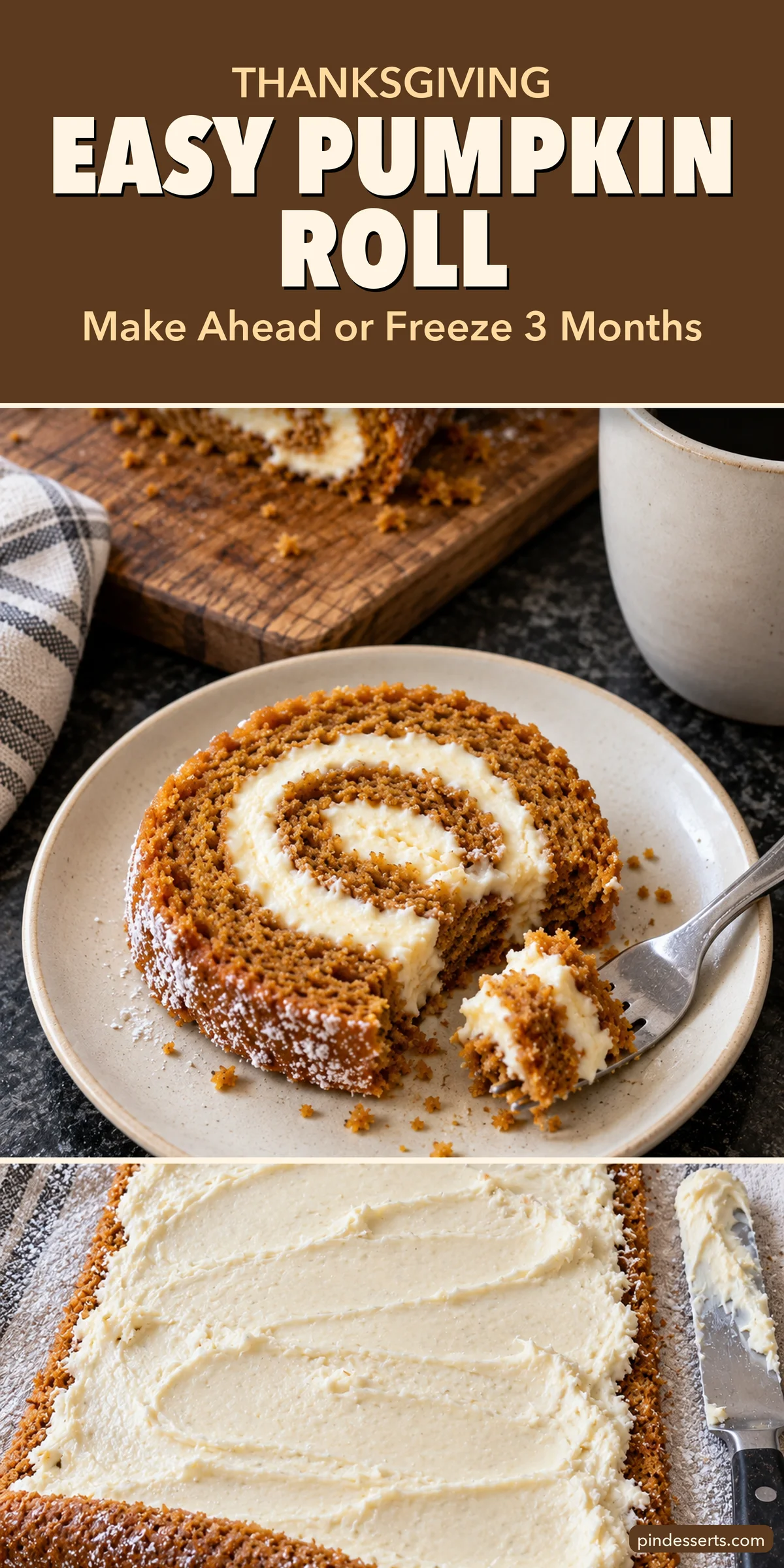 Easy pumpkin roll collage with a brown title block reading "Thanksgiving, Easy Pumpkin Roll, Make Ahead or Freeze 3 Months" over a plated slice with a fork bite and the cream cheese filling being spread on the cake.
