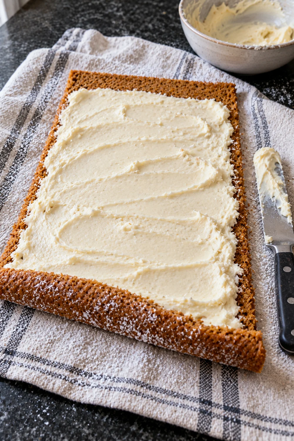 Unrolled pumpkin sponge on a sugared towel covered with an even layer of cream cheese filling, with a bare border on the far edge and a knife and bowl of filling beside it.
