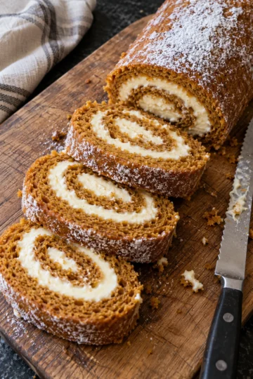 A pumpkin roll with cream cheese filling on a wooden board on a black stone counter, cut into thick slices that show the orange and white spiral, with a serrated knife beside it.