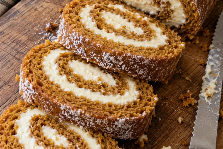 A pumpkin roll with cream cheese filling on a wooden board on a black stone counter, cut into thick slices that show the orange and white spiral, with a serrated knife beside it.