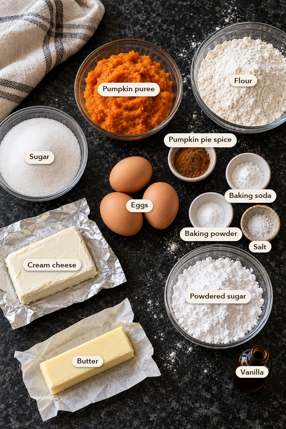 Labeled ingredients for a pumpkin roll: pumpkin puree, flour, sugar, eggs, pumpkin pie spice, baking soda, baking powder, salt, cream cheese, butter, powdered sugar and vanilla.