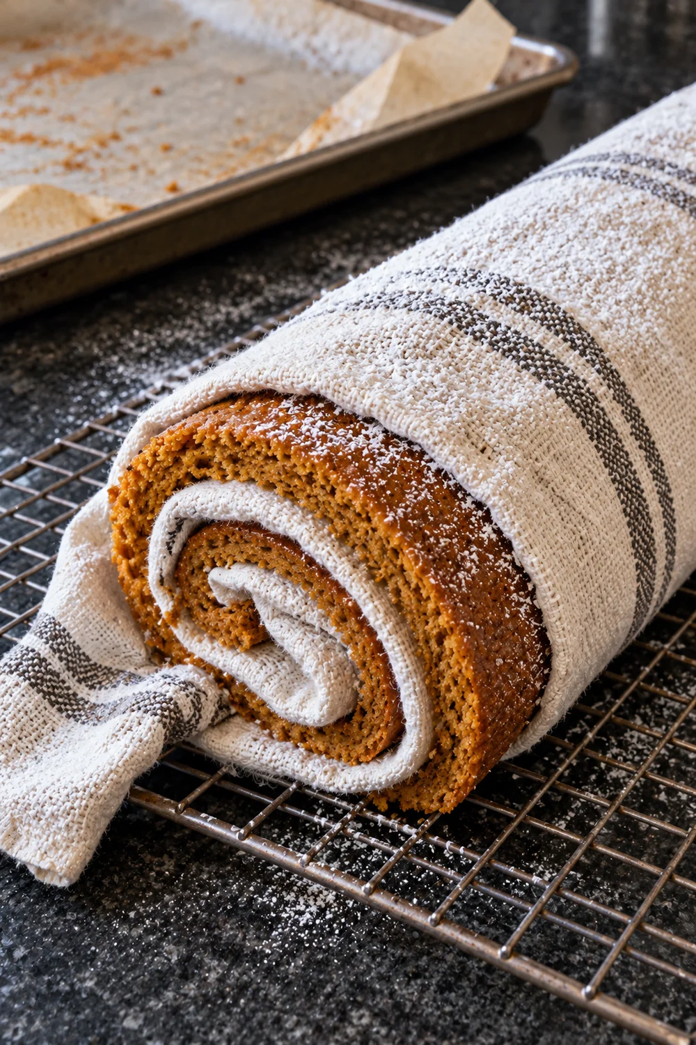 Warm pumpkin sponge rolled up inside a powdered-sugar-dusted cotton towel, cooling seam side down on a wire rack, the towel spiral visible at the open end.