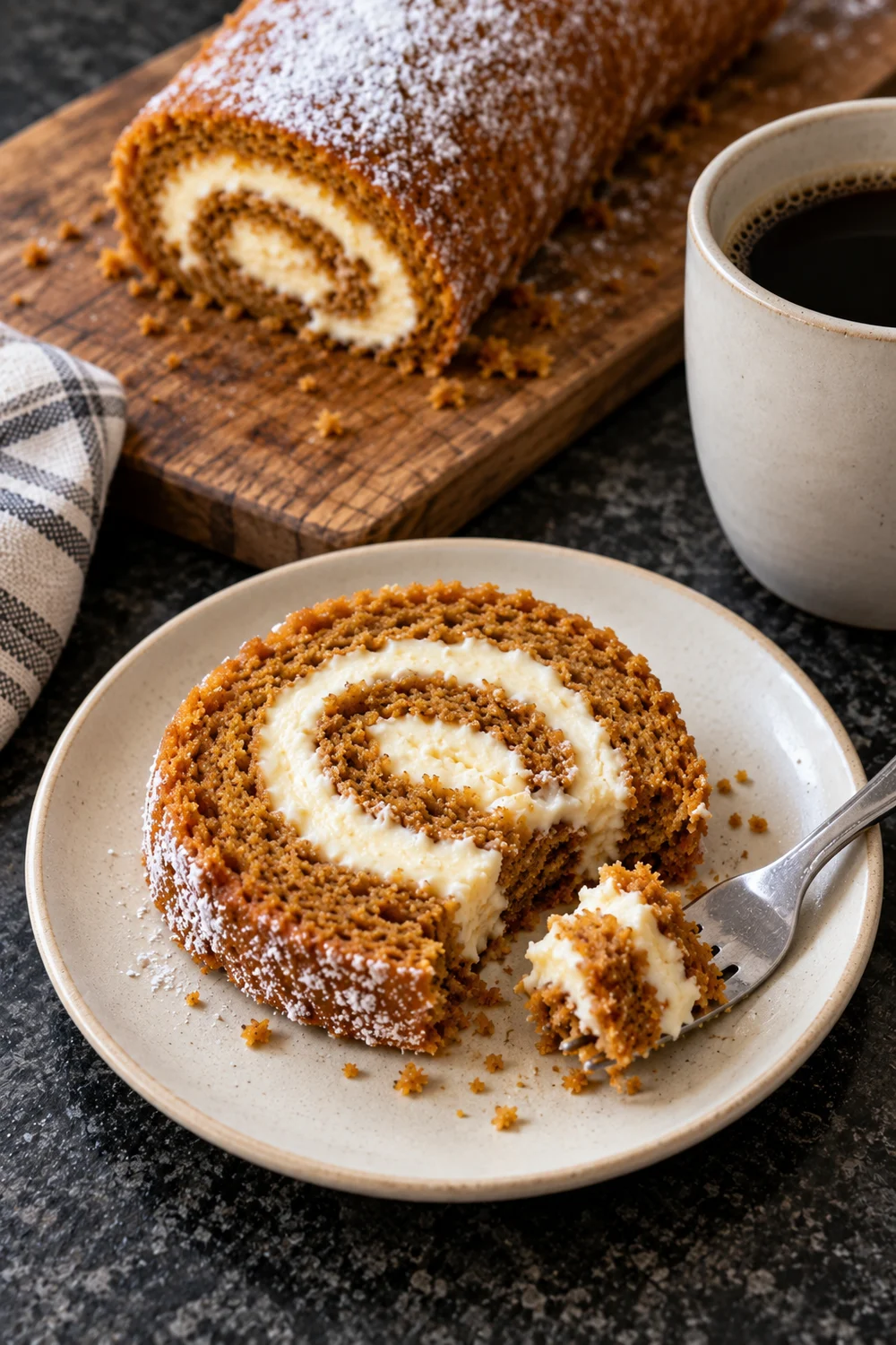 A slice of pumpkin roll on a cream plate with a fork holding one bite of cake and filling, the rest of the roll on a board and a mug of coffee behind.