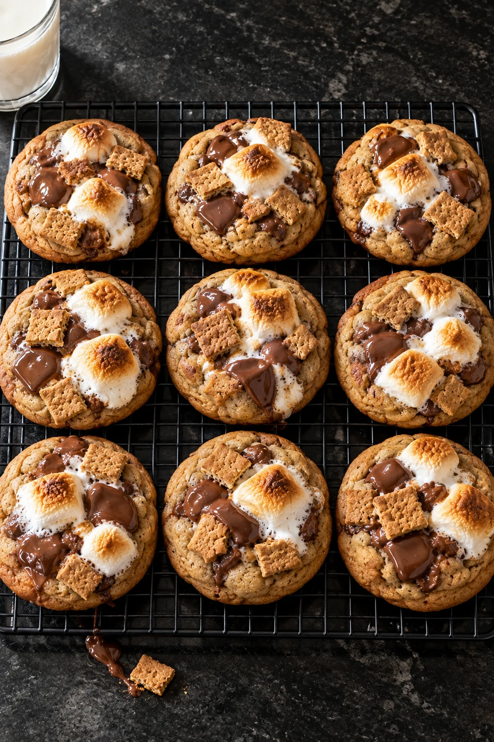 Nine finished s'mores cookies cooling on a black wire rack, the marshmallows puffed and toasted golden brown with glossy melted chocolate, next to a glass of milk.