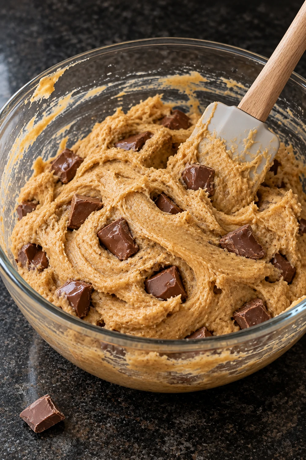 Thick golden brown cookie dough with graham crumbs and chunks of milk chocolate in a glass mixing bowl, with a spatula resting in it and a chocolate piece on the counter.
