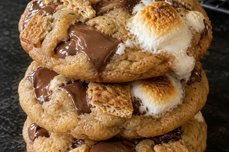 A stack of three s'mores cookies on a black stone counter, topped with toasted marshmallows, melted milk chocolate and graham cracker pieces, with more cookies cooling on a wire rack behind.